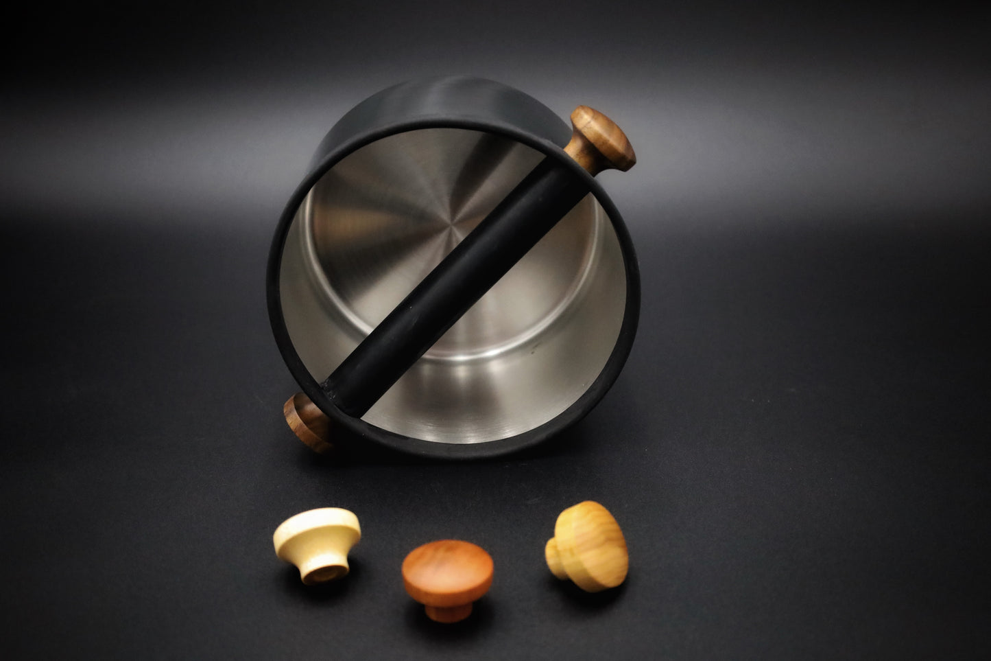 Barista knock box in stainless steel with wooden handles