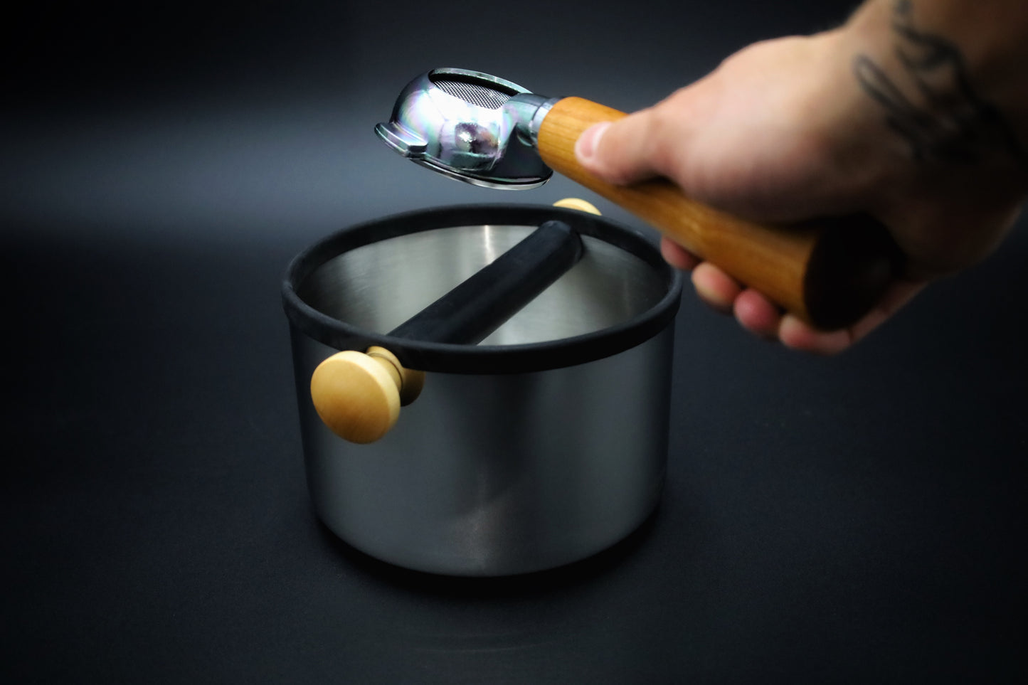 Barista knock box in stainless steel with wooden handles